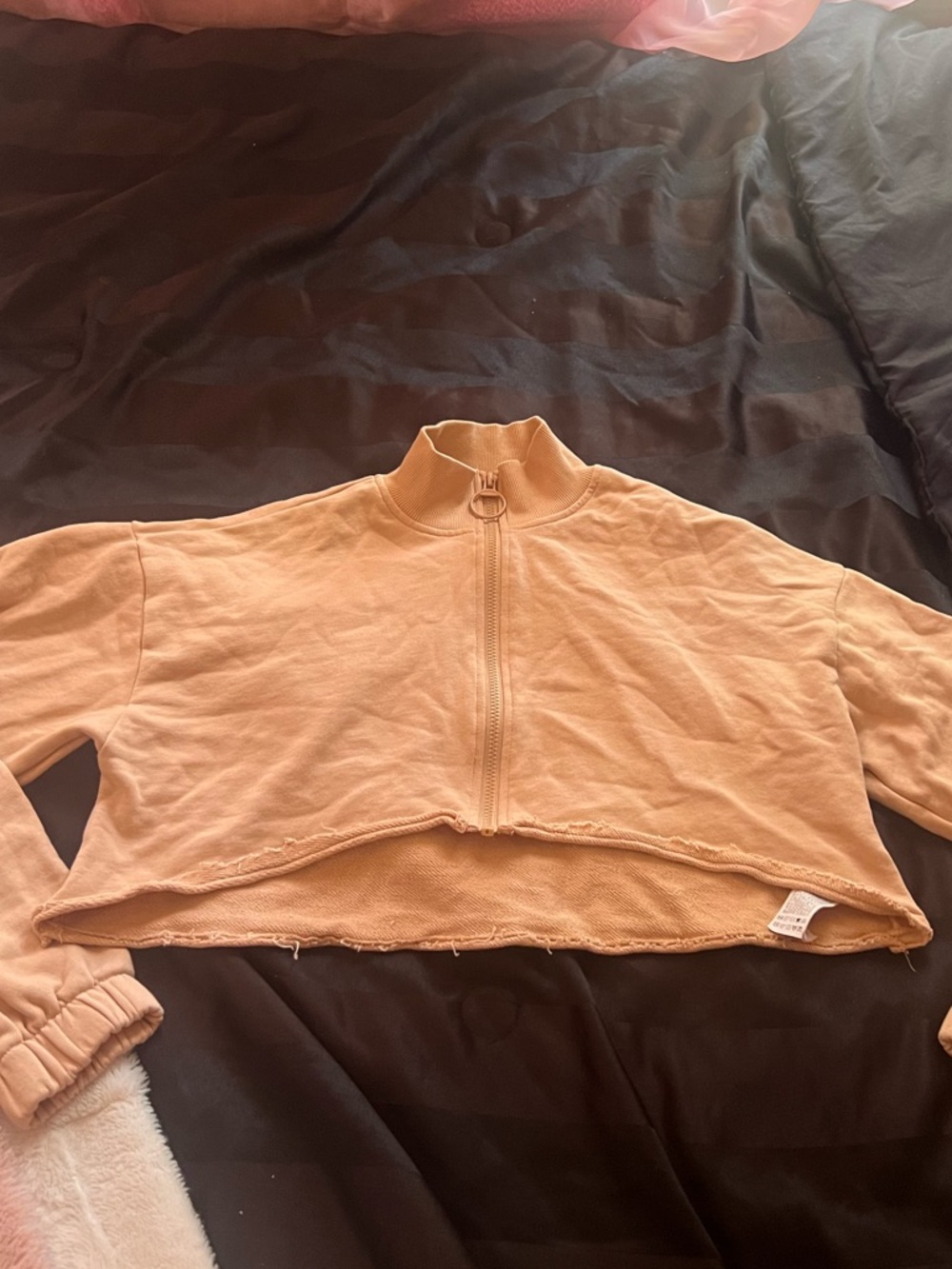 FOREVER 21 Tan Cropped Zip-Up Sweatshirt